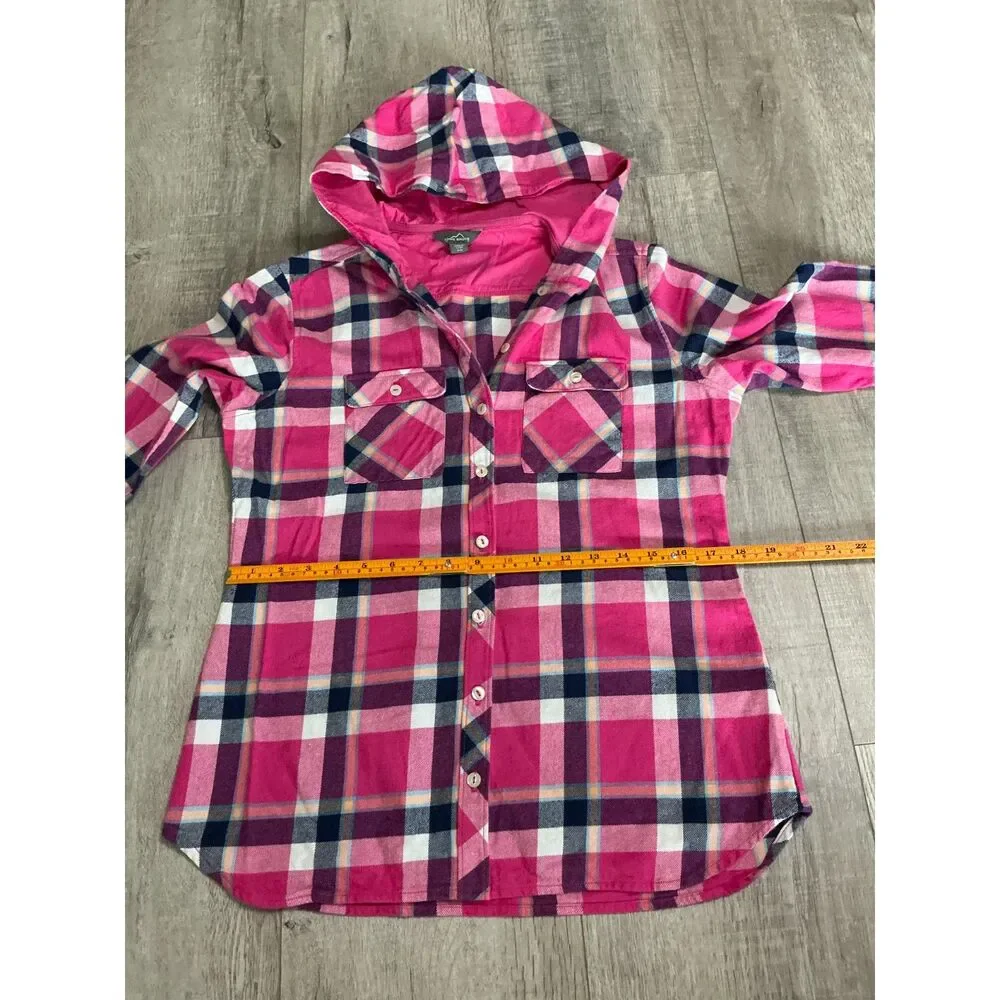 Eddie Bauer Women’s M Pink Plaid Hooded Flannel Shirt Outdoors/Hiking/Camping